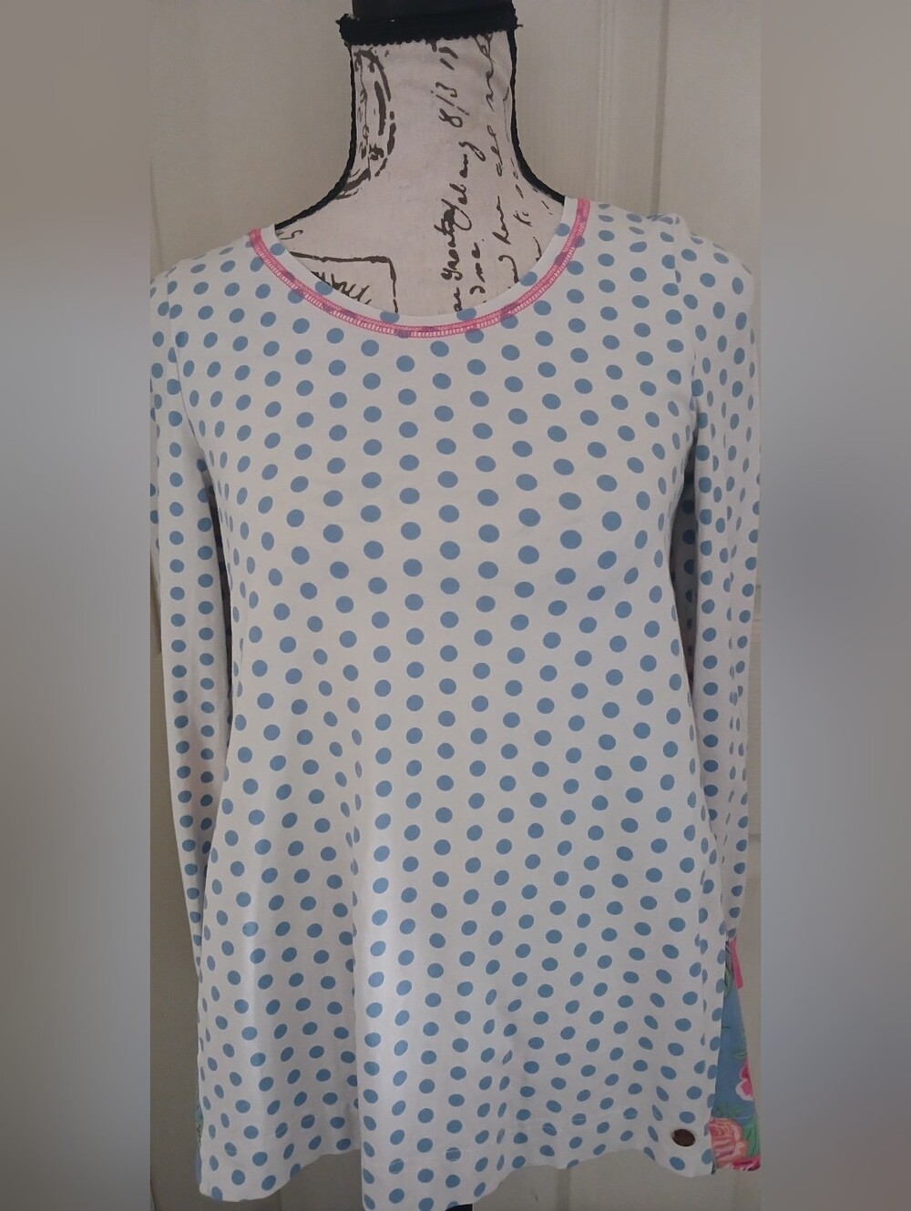 5/$25 Matilda Jane Long Sleeve Tee with Blue Polka Dots and Pink Trim